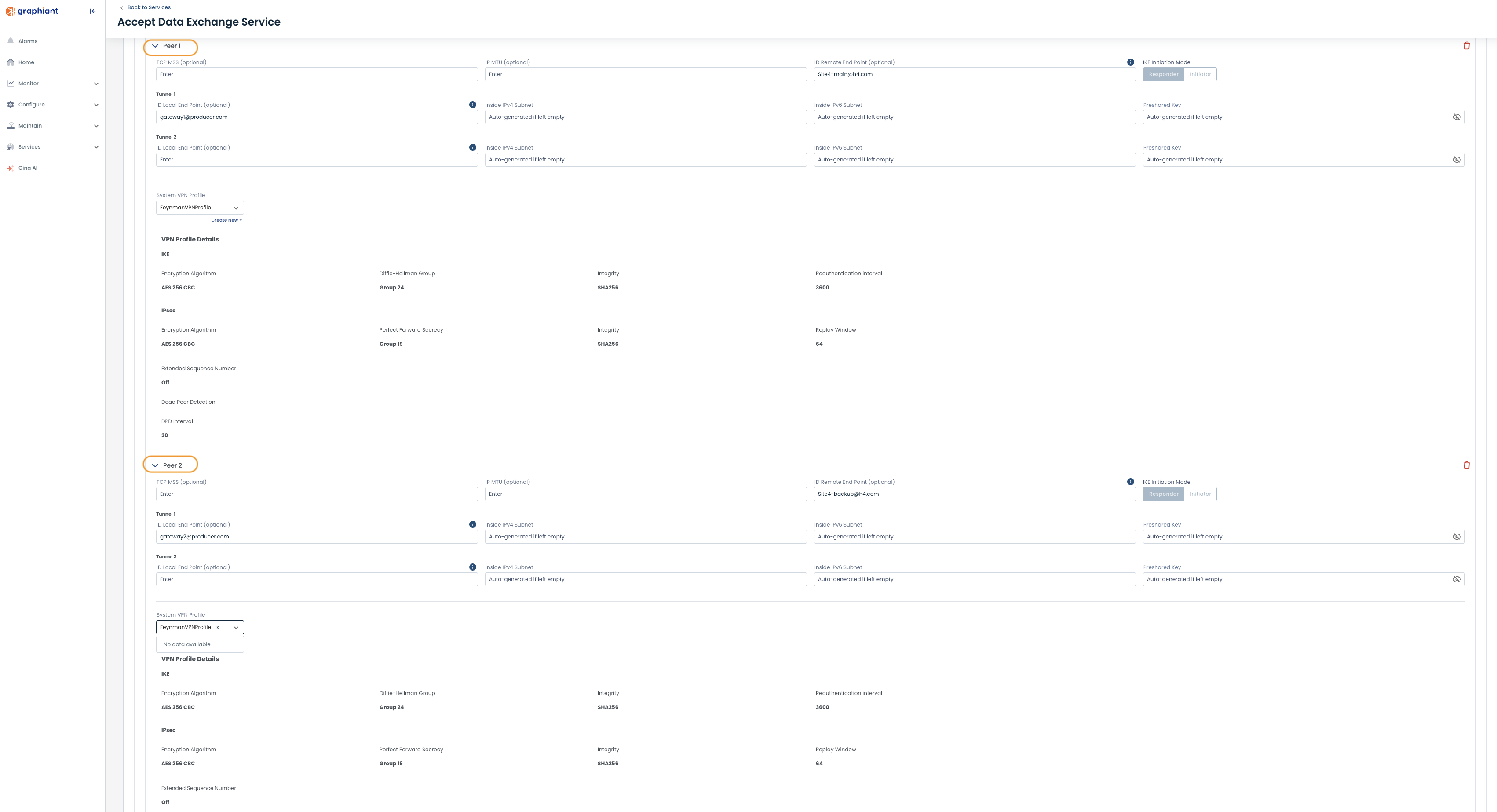 Configuration settings for Peer 1 and Peer 2 in a data exchange service.